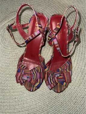 White Mountain Red Twist Rope Sole Ankle Strap Wedge Shoes Sz 8M Boho Rainbow